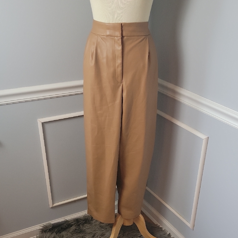EXPRESS Tan Ankle Super High Rise Pleated Tapered Faux Leather Dress Casual Pant